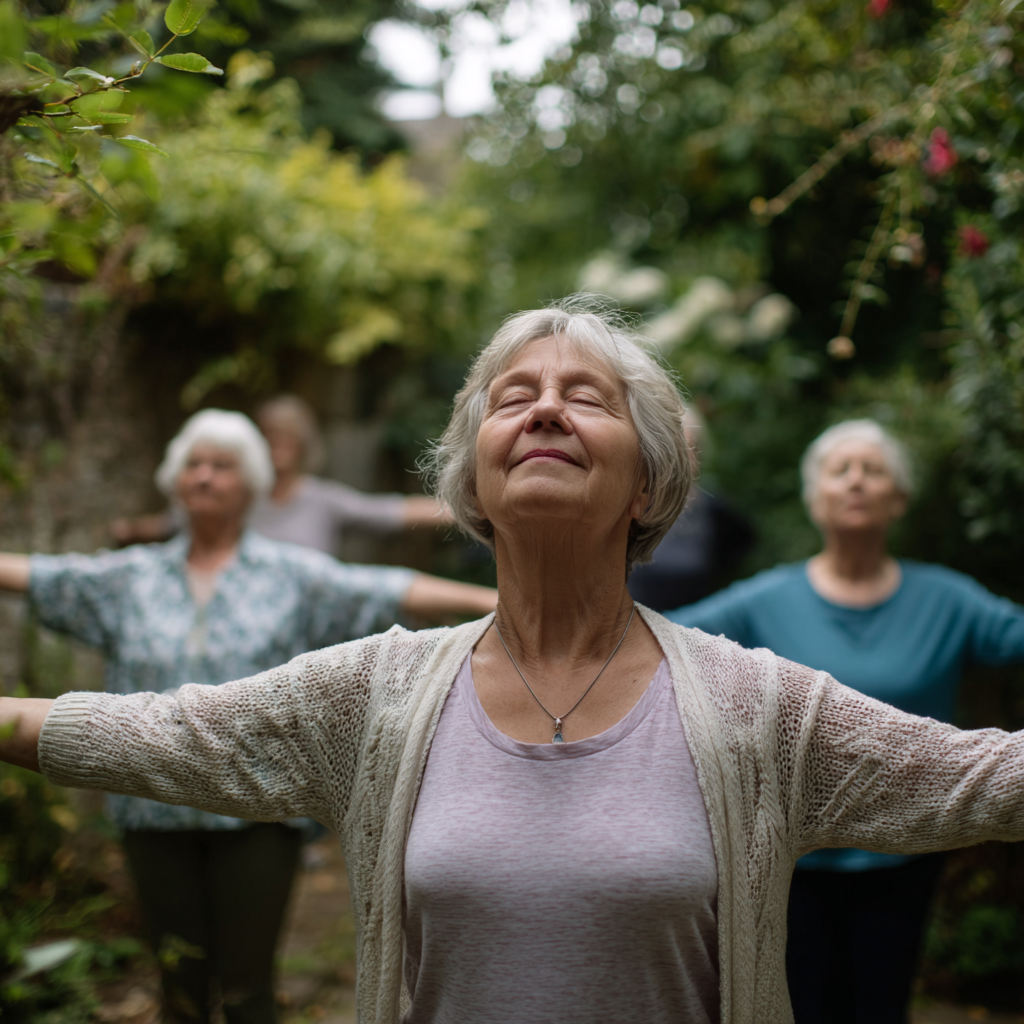Experienced yoga instructor in peaceful garden setting with mature students