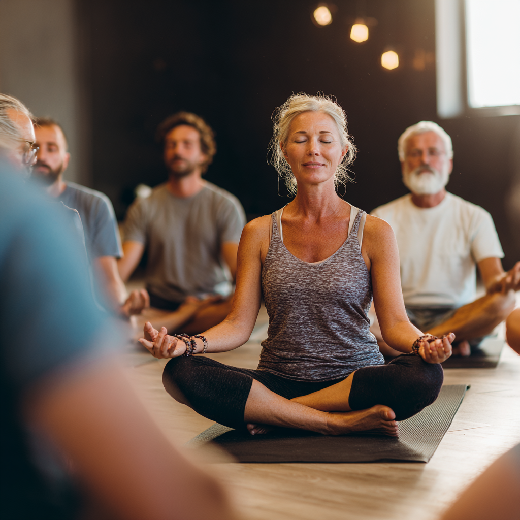 Peaceful yoga instructor guiding middle-aged students in meditation pose